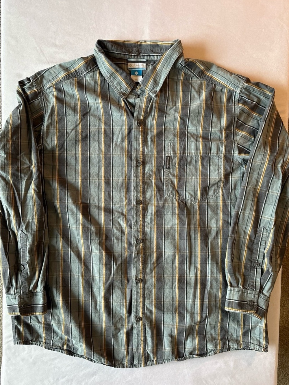 Columbia Men's Green and Tan Striped Button-Up Shirt